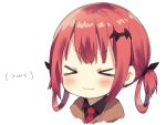  &gt;_&lt; :3 bangs bat_hair_ornament blush closed_eyes collared_shirt commentary emoticon eyebrows_visible_through_hair facing_viewer fang fang_out gabriel_dropout hair_ornament hair_rings kurumizawa_satanichia_mcdowell long_hair necktie pochi_pochino portrait red_hair red_neckwear shirt simple_background solo white_background white_shirt 