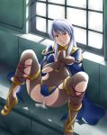  1girl aftersex blush clothed cum cum_in_pussy fire_emblem fire_emblem:_akatsuki_no_megami hands_on_own_chest hands_tied hands_together long_hair looking_at_viewer micaiah rape silver_hair solo spread_legs tears thor_(deep_rising) tied_up torn_pantyhose 