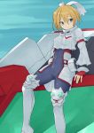  blaster_master_zero blonde_hair blue_eyes bodysuit boots commentary crop_top eve_(blaster_master_zero) fingerless_gloves gloves hair_ribbon highres jpeg_artifacts light_smile namicha red_gloves ribbon short_hair solo thigh_boots thighhighs white_ribbon 