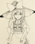  apron braid commentary greyscale hat kirisame_marisa long_hair monochrome pen_(medium) puffy_short_sleeves puffy_sleeves short_sleeves side_braid single_braid sketch smile solo straight_hair touhou traditional_media turtleneck vest waist_apron witch_hat yururi_nano 