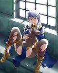  1girl blush clothed fire_emblem fire_emblem:_akatsuki_no_megami hands_on_own_chest hands_tied hands_together long_hair looking_at_viewer micaiah silver_hair solo spread_legs thor_(deep_rising) tied_up torn_pantyhose 