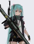  absurdres aqua_eyes aqua_hair bazooka commentary_request fingerless_gloves gloves gun hatsune_miku highres holding holding_weapon long_hair looking_at_viewer orga_(pixiv13765813) rifle simple_background solo twintails very_long_hair vocaloid weapon 