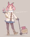  ;) absurdres alternate_costume animal_ears backpack bag black_legwear blue_gloves blue_skirt boots box brown_footwear bunny bunny_ears duffel_coat earmuffs fake_animal_ears gift gift_box gloves grey_background hair_bobbles hair_ornament hand_truck highres holding holding_gift kantai_collection one_eye_closed pantyhose pink_eyes pink_hair pleated_skirt pori_(poritan81) sazanami_(kantai_collection) short_hair simple_background skirt smile twintails valentine white_coat yellow_backpack 