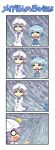  2girls 4koma ^_^ ahoge apron blue_dress blue_hair bow cirno closed_eyes colonel_aki comic commentary dress flying hair_bow hands_on_hips hands_together hat juliet_sleeves lavender_hair letty_whiterock long_sleeves multiple_girls o_o open_mouth puffy_short_sleeves puffy_sleeves short_hair short_sleeves smile snowing snowstorm touhou translated v_arms waist_apron wind wind_lift wings 