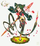  bad_id bad_pixiv_id black_bodysuit black_footwear blush bodysuit earrings facial_mark flower flower-shaped_pupils full_body green_hair green_ribbon grey_background hair_over_one_eye highres holding holding_spear holding_weapon jewelry long_hair long_sleeves low-tied_long_hair low_twintails open_mouth original petals polearm red_eyes red_flower ribbon see-through shoes sleeves_past_wrists solo spear standing standing_on_one_leg twintails two_side_up upper_teeth very_long_hair weapon yai_(hachihito) 