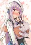  :o azur_lane beret blush breast_grab breasts commentary_request cygnet_(azur_lane) eyebrows_visible_through_hair grabbing grabbing_from_behind hair_bun hat heart kibii_mocha large_breasts lavender_hair long_hair long_sleeves nose_blush parted_lips pink_eyes solo_focus white_hat 