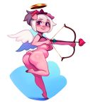  2018 absurd_res anthro areola arrow bow_(weapon) breasts butt cyancapsule digital_media_(artwork) ear_piercing emelie female hair halo hi_res holding_object looking_at_viewer mammal nipples piercing pig porcine purple_eyes ranged_weapon ribbons slightly_chubby smile solo weapon white_hair 