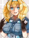  black_gloves blonde_hair blue_eyes blue_shirt breast_pocket breasts gambier_bay_(kantai_collection) gloves hair_between_eyes highres kantai_collection large_breasts long_hair looking_at_viewer multicolored multicolored_clothes multicolored_gloves nao1 open_mouth pocket shirt simple_background solo twintails upper_body white_background 
