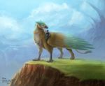  avian claws clothed clothing day detailed_background digital_media_(artwork) duo feathers feral grass green_feathers gryphon human hydlunn mammal outside 