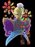  arms_behind_back black_background black_eyes character_request colorful daisy dragon_ball dragon_ball_super earrings egyptian_clothes floral_background flower jewelry long_sleeves looking_at_viewer male_focus mohawk shaded_face simple_background smile tetsuyo white_hair 