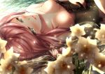  breasts cleavage day dies_irae flower green_eyes hand_on_own_stomach highres long_hair looking_at_viewer lying medium_breasts mia_(gute-nacht-07) on_back outdoors parted_lips pink_hair rusalka_schwagerin solo white_flower 