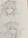  :d braid commentary emoticon expressions graphite_(medium) greyscale kirisame_marisa long_hair monochrome open_mouth sad_smile side_braid single_braid sketch smile solo touhou traditional_media wavy_hair yururi_nano 