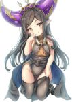  :&gt; adjusting_clothes adjusting_legwear areolae arulumaya bare_shoulders black_legwear blush breasts brown_hair closed_mouth dress ecou full_body granblue_fantasy groin harvin head_tilt kneeling long_hair looking_at_viewer pointy_ears small_breasts solo thighhighs v-shaped_eyebrows very_long_hair white_background yellow_eyes 