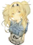 belt blonde_hair blue_eyes blue_shirt breast_pocket breasts caddy_cyd gambier_bay_(kantai_collection) hair_between_eyes kantai_collection large_breasts long_hair pocket shirt simple_background solo tears twintails upper_body white_background 