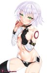  areolae arm_belt bandages black_panties blush breasts closed_mouth commentary covering covering_breasts cowboy_shot embarrassed eyebrows_visible_through_hair facial_scar fate/apocrypha fate_(series) gloves green_eyes hair_between_eyes jack_the_ripper_(fate/apocrypha) looking_at_viewer lowleg lowleg_panties medium_breasts mr_bowater navel panties scar scar_across_eye scar_on_cheek shiny shiny_hair shiny_skin short_hair shoulder_tattoo silver_hair simple_background single_glove skindentation solo tattoo thighhighs topless underwear white_background 