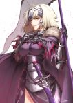  ahoge armor armored_dress banner breasts breasts_apart chain cowboy_shot dress fate/grand_order fate_(series) highres holding holding_weapon itaco1987 jeanne_d'arc_(alter)_(fate) jeanne_d'arc_(fate)_(all) large_breasts long_hair parted_lips purple_dress sheath sheathed signature silver_hair smile solo standing sword weapon yellow_eyes 