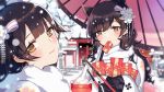  :3 animal_ears atago_(azur_lane) azur_lane bangs bare_tree black_gloves black_hair blue_sky blunt_bangs blurry blush bow breasts chopsticks closed_mouth day depth_of_field dog_ears extra_ears eyebrows eyebrows_visible_through_hair eyelashes eyes_visible_through_hair floral_print flower food frilled_sleeves frills fur_collar gloves hair_between_eyes hair_bow hair_flower hair_ornament hair_ribbon head_tilt high_ponytail highres holding holding_chopsticks japanese_clothes ji_yue kimono large_breasts left-handed light_smile lips long_hair long_sleeves looking_at_viewer mole mole_under_eye multiple_girls orange_eyes oriental_umbrella outdoors pink_lips pink_umbrella ribbon rope shaft_look shimenawa shrine sky smile snow snowing striped striped_ribbon swept_bangs takao_(azur_lane) torii tree umbrella upper_body wagashi white_bow white_kimono 