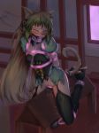  1girl animal_ears atalanta_(fate) ball_gag bdsm blonde_hair blush bondage dress fate/grand_order fate_(series) gag gagged green_eyes green_hair kagyakusetsu long_hair multicolored_hair solo tail torn_clothes wooden_horse 