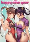  2girls absurdres ahoge anchor_hair_ornament asymmetrical_docking azur_lane bangs bare_shoulders black_hair black_panties blush breast_press breasts brown_hair china_dress chinese_clothes cleavage_cutout closed_mouth clover_cutout covered_navel dress eyebrows_visible_through_hair hair_ornament hair_rings hairband happy_new_year highres hips large_breasts long_hair looking_at_another looking_at_viewer multiple_girls nako_(ayasakinako) new_year ning_hai_(azur_lane) open_mouth panties pantyshot ping_hai_(azur_lane) purple_dress purple_eyes red_eyes shrug_(clothing) side-tie_panties sideboob small_breasts twintails underwear very_long_hair white_hairband white_panties 