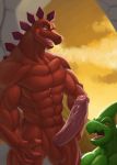  3_fingers abs anthro balls biceps big_penis chow_(kfdp) dinosaur duo erection kittikary kung_fu_dino_posse male mega_(kittikary) muscular muscular_male pecs penis red_skin scalie stegosaurus virus 