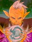  bad_id bad_pixiv_id black_eyes crystal_ball dragon_ball dragon_ball_super earrings egyptian_clothes gowasu green_background happy jewelry long_sleeves looking_away male_focus mohawk pointy_ears simple_background smile solo tetsuyo white_hair 