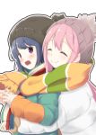  :d ^_^ beanie blue_hair blush closed_eyes closed_mouth eyebrows_visible_through_hair from_side hat head_tilt highres hug hug_from_behind kagamihara_nadeshiko kanchan_(kanchan220) long_sleeves looking_at_viewer multicolored_coat multiple_girls open_mouth outline pink_hair purple_eyes scarf shared_scarf shima_rin smile striped striped_scarf white_background white_coat yuri yurucamp 
