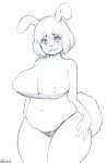  1girl afrobull animal_ears artist_name breasts bunny_ears carrot_(one_piece) curvy female huge_breasts inverted_nipples looking_at_viewer monochrome one_piece panties plump short_hair smile solo standing wide_hips 