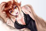  animal_ears antenna_hair blazblue breasts brown_hair chemise chukachuka cleavage highres large_breasts lingerie looking_at_viewer makoto_nanaya multicolored_hair on_bed open_mouth orange_eyes pillow short_hair smile solo squirrel_ears squirrel_girl two-tone_hair under_covers underwear upper_body 