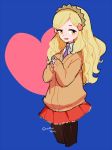  blonde_hair blue_background cropped_torso hands_together heart hoshiiro_girldrop l_hakase long_hair looking_at_viewer mole mole_under_mouth pantyhose red_skirt simple_background skirt solo sweater yellow_eyes yuuhi_korona 