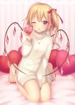  ;o ahoge alternate_costume bangs barefoot bed_sheet between_legs blonde_hair crystal dress eyebrows_visible_through_hair flandre_scarlet full_body gem hair_ribbon hand_between_legs heart heart_necklace heart_pillow heart_wings highres holding jewelry kneeling knees_together_feet_apart long_hair long_sleeves looking_at_viewer nail_polish no_hat no_headwear one_eye_closed one_side_up open_mouth pendant pillow pointy_ears red_nails red_ribbon ribbon shiny shiny_hair solo striped striped_background sweater sweater_dress toenail_polish touhou valentine vertical-striped_background vertical_stripes white_dress white_sweater wings yamayu 
