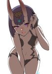  :d artist_name bangs bare_arms bare_shoulders between_legs blush breasts eiri_(eirri) fangs fate/grand_order fate_(series) hair_ornament hair_tucking hand_between_legs horns leaning_forward looking_at_viewer medium_breasts navel oni oni_horns open_mouth purple_eyes purple_hair revealing_clothes short_hair shuten_douji_(fate/grand_order) signature simple_background smile solo white_background 