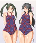  2girls arms_behind_back bdsm black_hair blue_swimsuit blush bondage bound breast_bondage commentary_request crotch_rope green_hair hair_ribbon kantai_collection katsuragi_(kantai_collection) long_hair multiple_girls nokishita_kumoemon old_school_swimsuit one-piece_swimsuit ponytail red_rope ribbon rope school_swimsuit shibari shibari_over_clothes swimsuit translation_request twintails white_ribbon zuikaku_(kantai_collection) 