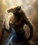  anthro brown_hair day detailed_background digital_media_(artwork) hair holding_object holding_weapon horn hydlunn mammal outside shield solo standing weapon 