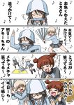  4koma aki_(girls_und_panzer) angry blonde_hair brown_hair chasing comic commentary fan fish fish_in_mouth flying_sweatdrops girls_und_panzer harisen hat highres keizoku_school_uniform laughing mallet mika_(girls_und_panzer) mikko_(girls_und_panzer) multiple_girls omachi_(slabco) orange_hair parody running sazae-san short_twintails translated twintails white_background 