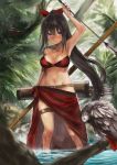  arm_up arrow bare_shoulders belt bird bird_request black_hair bow bow_(weapon) branch breasts bush cleavage closed_mouth commentary_request hair_bow hips holding holding_arrow holding_bow_(weapon) holding_weapon jungle legs long_hair long_ponytail medium_breasts nature original ponytail purple_eyes quiver red_bikini_top red_bow red_sarong river sarong solo standing thigh_strap toka_(marchlizard) tree very_long_hair wading weapon 