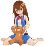  barefoot blue_skirt bow bowtie brown_eyes brown_hair commentary_request hair_ornament hairclip long_hair namicha pleated_skirt red_bow red_neckwear shirt simple_background sitting skirt sleeveless sleeveless_shirt solo stuffed_animal stuffed_toy teddy_bear tokino_sora tokino_sora_channel virtual_youtuber wariza white_background 