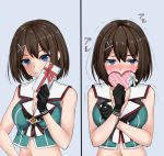  bad_id bad_pixiv_id black_gloves blue_eyes blush box breasts brown_hair commentary covering_mouth embarrassed fidgeting gift gift_box gloves grin hair_ornament hairclip heart-shaped_box kantai_collection large_breasts looking_at_viewer maya_(kantai_collection) medium_hair remodel_(kantai_collection) smile solo valentine vest z5987 