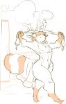  anthro cervine deer hybrid jintonic male mammal monochrome nipples procyonid raccoon shower smile solo standing thick_thighs towel wide_hips 