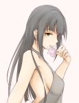  bangs black_hair breasts brown_dress brown_hair condom condom_in_mouth condom_wrapper dress from_side green_eyes holding ken_(kenta1922) kurosawa_dia long_hair looking_at_viewer love_live! love_live!_sunshine!! medium_breasts meme_attire mole mole_under_mouth mouth_hold pink_background sideboob solo upper_body virgin_killer_sweater 