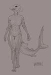  anthro breasts female fish looking_at_viewer marine muscular nipples nude open_mouth pixelsketcher shark simple_background smile solo teeth 