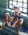  1girl blush clothed fire_emblem fire_emblem:_akatsuki_no_megami hands_on_own_chest hands_tied hands_together long_hair looking_at_viewer micaiah panties silver_hair solo spread_legs thor_(deep_rising) tied_up torn_pantyhose 