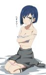  bare_shoulders blue_hair blush bra breasts cleavage commentary_request darling_in_the_franxx green_eyes hair_ornament hairclip highres ichigo_(darling_in_the_franxx) off_shoulder panties seiza sitting small_breasts solo strap_slip trg-_(sain) underwear undressing 