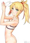  :3 artist_name ass bare_shoulders blonde_hair bottomless braid breasts commentary covered_nipples cowboy_shot dated fang fate_(series) from_side green_eyes grin jewelry kanzaki_muyu long_hair looking_at_viewer mordred_(fate) mordred_(fate)_(all) pendant sexually_suggestive simple_background small_breasts smile solo standing strapless sweat teeth tubetop twitter_username white_background 
