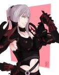  1girl absurdres angry aranea_highwind armor chibi commission final_fantasy final_fantasy_xv gladiolus_amicitia gloves highres ponytail silver_hair smile 