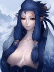  blue_hair breastless_clothes breasts breasts_apart brown_eyes facial_mark fumio_(rsqkr) hair_censor hair_ornament hair_over_breasts large_breasts light_smile lips long_hair looking_at_viewer monster_hunter monster_hunter:_world pointy_ears smile solo third_fleet_master_(monster_hunter_world) 
