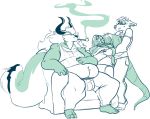  anthro blush bulge cervine clothed clothing deer dragon duo eastern_dragon eyewear food glasses horn jintonic male mammal mustelid otter overweight pipe sitting smoke standing 