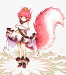  animal_ears artist_name bad_id bad_pixiv_id bangs blush boots brown_eyes brown_footwear brown_gloves closed_mouth crown dress eyebrows_visible_through_hair fur-trimmed_dress gloves grey_background high_heel_boots high_heels highres large_tail leaning_to_the_side long_sleeves looking_at_viewer mini_crown original red_hair short_dress short_hair smile solo squirrel_ears squirrel_girl squirrel_tail standing tail tattoo white_dress yai_(hachihito) 
