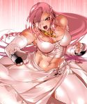  bare_shoulders bowalia braid breasts cleavage clenched_hands elbow_gloves fingerless_gloves gloves jewelry large_breasts long_hair navel navel_piercing necklace no_panties open_mouth original piercing pink_hair red_eyes skirt solo sweat swimsuit teeth tongue 