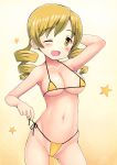  1girl ;d arm_behind_head arm_up bare_arms bare_shoulders bikini blonde_hair blush breasts cameltoe collarbone cowboy_shot drill_hair eyebrows_visible_through_hair female highleg highleg_bikini long_hair looking_at_viewer mahou_shoujo_madoka_magica micro_bikini midrif navel open_mouth partially_visible_vulva qm side-tie_bikini solo star swimsuit tomoe_mami twin_drills yellow_background yellow_bikini yellow_eyes 