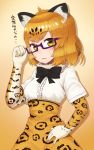  adjusting_eyewear animal_ears bespectacled bow bowtie elbow_gloves eyebrows_visible_through_hair fur_collar glasses gloves hand_on_eyewear hand_on_hip high-waist_skirt highres jaguar_(kemono_friends) jaguar_ears jaguar_print kemono_friends looking_at_viewer multicolored_hair shimu_nira short_hair skirt solo source_quote_parody sweatdrop translated yellow_eyes 